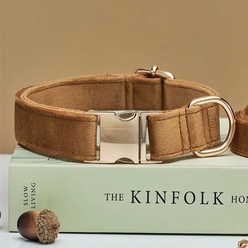 🇫🇷 Collier pour chien en velours personnalisable – Plaque gravée avec nom, boucle métal, laisse assortie,  idéal pour chiot   🇬🇧 Velvet Personalized Dog Collar – Engraved Name Plate, Metal Buckle, Matching Leash, Perfect Puppy or Wedding Gift