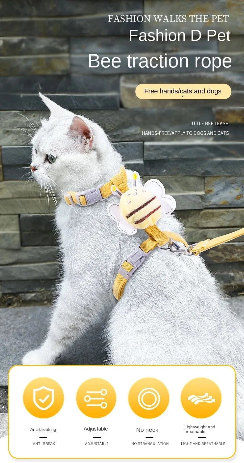 🇫🇷 Harnais + laisse + collier pour chat – Ensemble réglable motif abeille, double épaisseur, idéal pour chiens/chats de petite à moyenne taille 🇬🇧 Cat Harness Leash Collar Set – Adjustable Bee Design, Double Layer for Small & Medium Pets, Outdoor Walking
