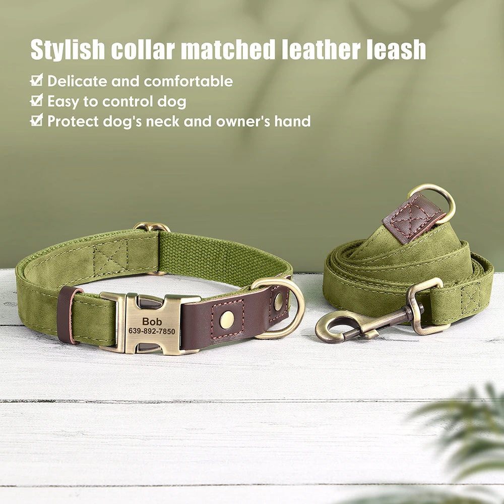 🇫🇷 Collier & laisse personnalisés en cuir PU, médaille gravée offerte. Pour petits & grands chiens (ex : carlin, labrador). 🇬🇧 PU leather custom collar & leash with free engraved tag. For small & large dogs (e.g. pug, labrador).