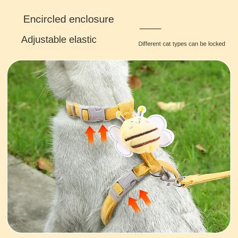 🇫🇷 Harnais + laisse + collier pour chat – Ensemble réglable motif abeille, double épaisseur, idéal pour chiens/chats de petite à moyenne taille 🇬🇧 Cat Harness Leash Collar Set – Adjustable Bee Design, Double Layer for Small & Medium Pets, Outdoor Walking