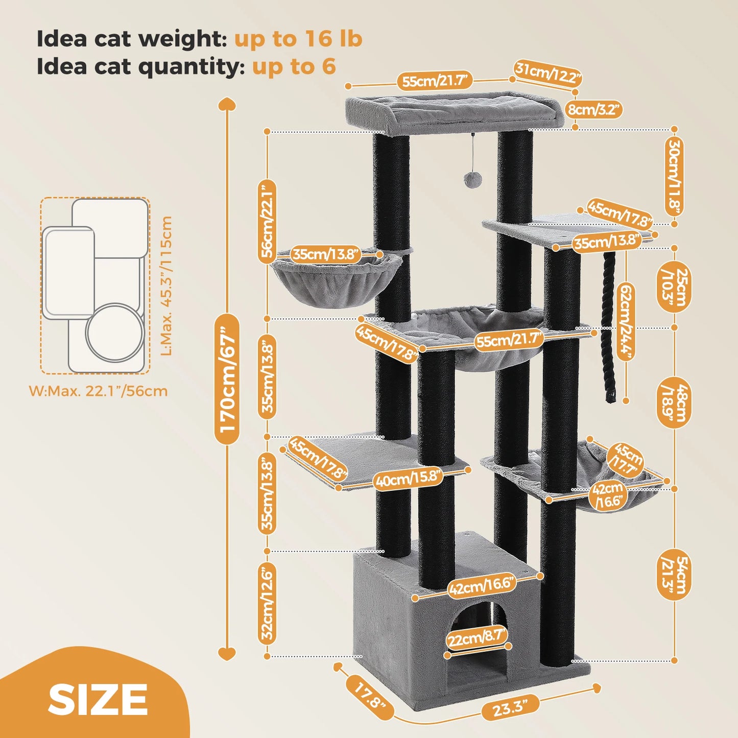 🇫🇷 Français : Grand arbre à chat pour grands chats – Tour robuste avec plusieurs niveaux, maison, hamac et 11 poteaux en sisal  🇬🇧 English : Big Cat Tree for Large Cats – Sturdy Tower with Multiple Levels, House, Hammock & 11 Sisal Posts