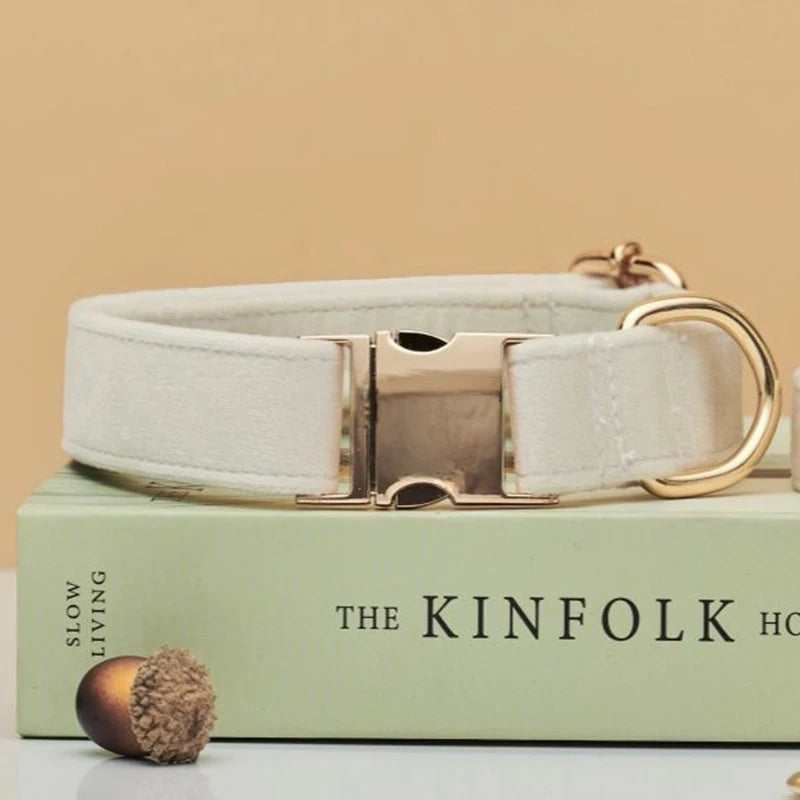 🇫🇷 Collier pour chien en velours personnalisable – Plaque gravée avec nom, boucle métal, laisse assortie,  idéal pour chiot   🇬🇧 Velvet Personalized Dog Collar – Engraved Name Plate, Metal Buckle, Matching Leash, Perfect Puppy or Wedding Gift