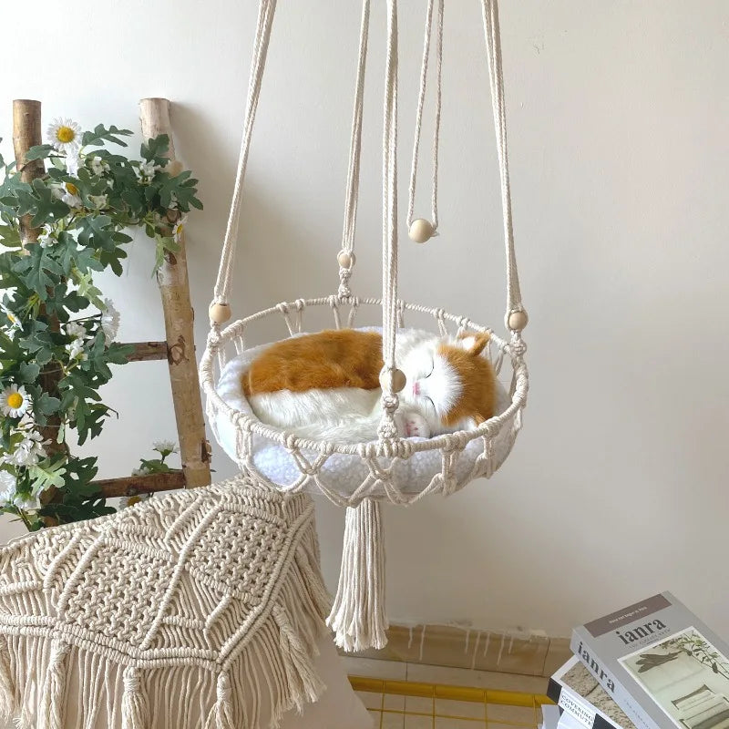 🇫🇷 Hamac suspendu pour chat en corde de coton tressée – Nid douillet bohème à accrocher 🇬🇧 Handwoven Cotton Rope Cat Hammock – Boho Hanging Cozy Nest for Cats