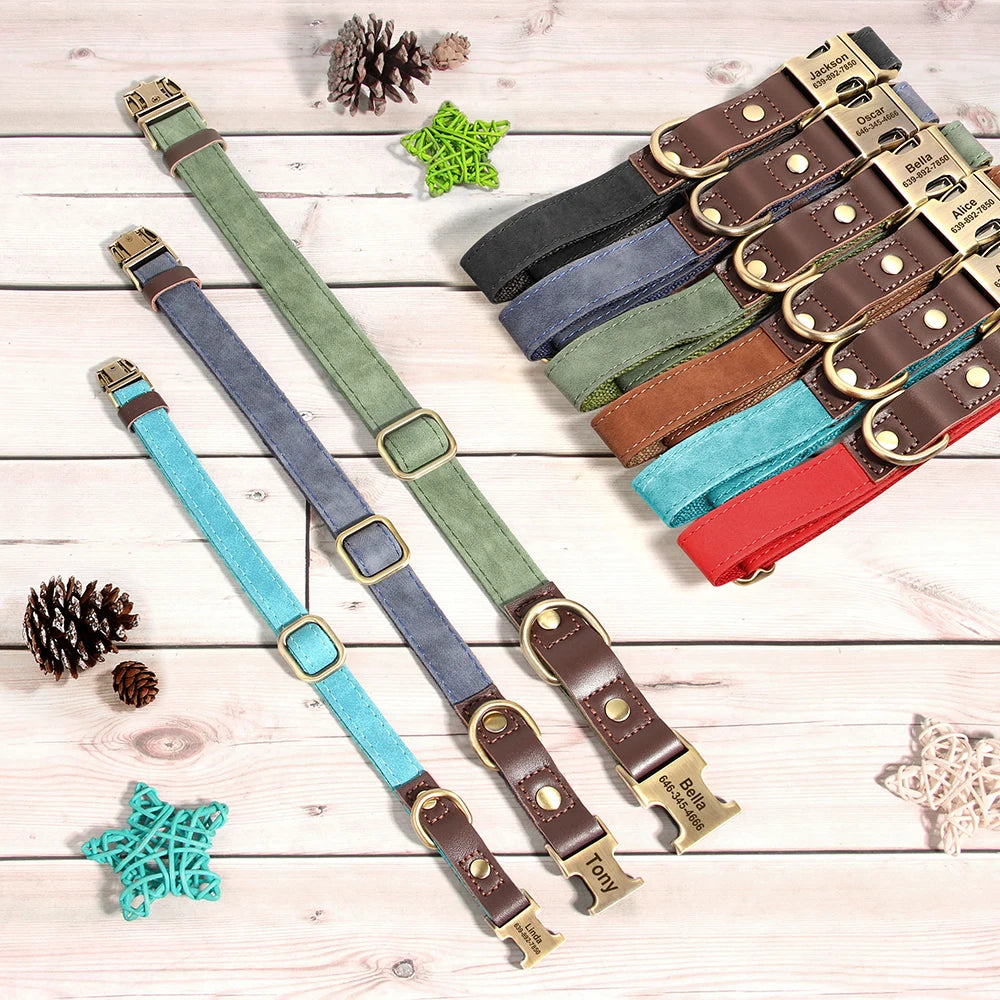 🇫🇷 Collier & laisse personnalisés en cuir PU, médaille gravée offerte. Pour petits & grands chiens (ex : carlin, labrador). 🇬🇧 PU leather custom collar & leash with free engraved tag. For small & large dogs (e.g. pug, labrador).
