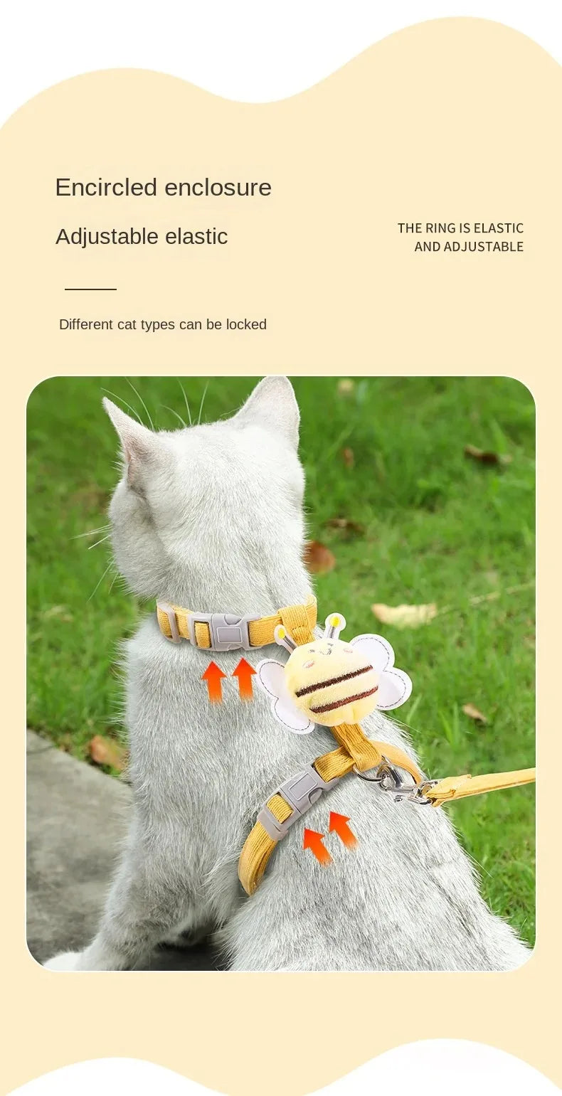 🇫🇷 Harnais + laisse + collier pour chat – Ensemble réglable motif abeille, double épaisseur, idéal pour chiens/chats de petite à moyenne taille 🇬🇧 Cat Harness Leash Collar Set – Adjustable Bee Design, Double Layer for Small & Medium Pets, Outdoor Walking