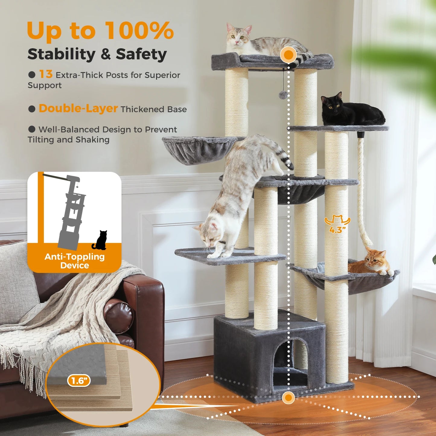 🇫🇷 Français : Grand arbre à chat pour grands chats – Tour robuste avec plusieurs niveaux, maison, hamac et 11 poteaux en sisal  🇬🇧 English : Big Cat Tree for Large Cats – Sturdy Tower with Multiple Levels, House, Hammock & 11 Sisal Posts