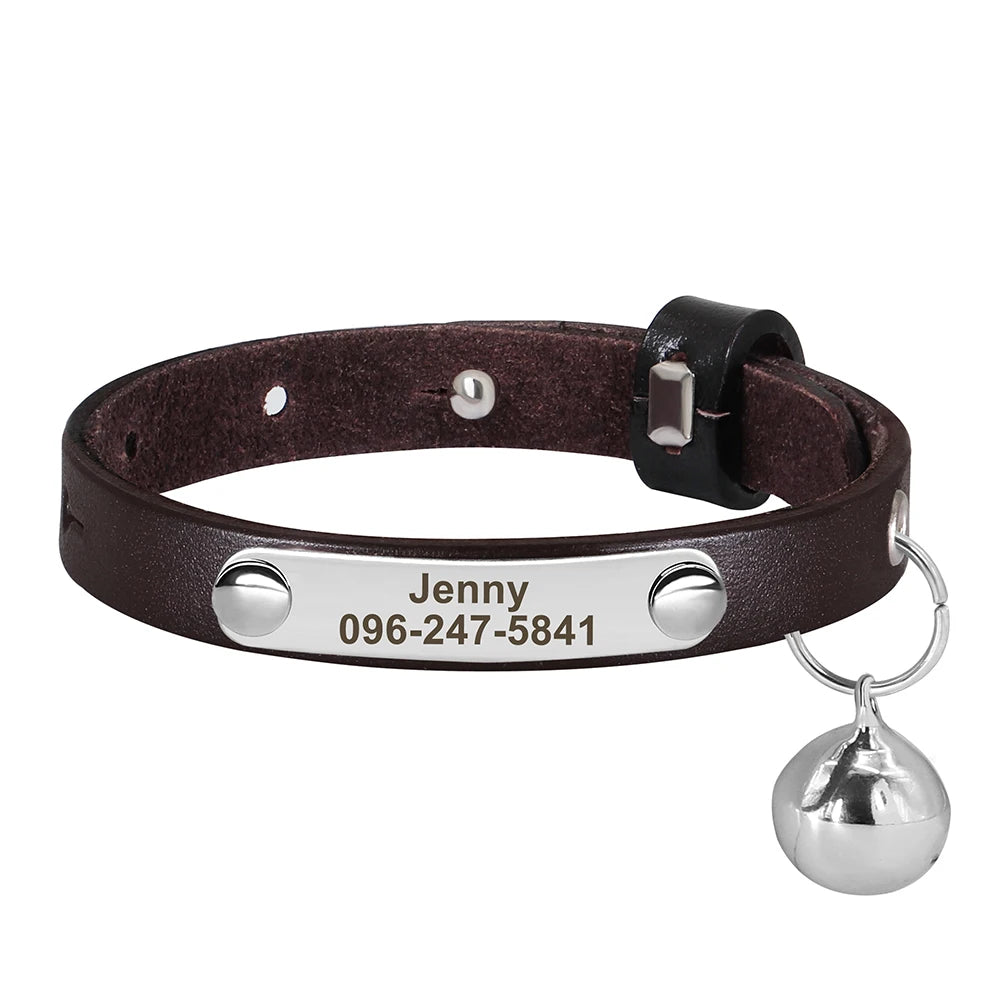 🇫🇷 Collier pour chat en cuir réglable – Personnalisé avec nom gravé, anti-perte, pour chatons et petits chiens  🇬🇧 Personalized Leather Cat Collar – Adjustable, engraved name, anti-lost, for kittens & small dogs