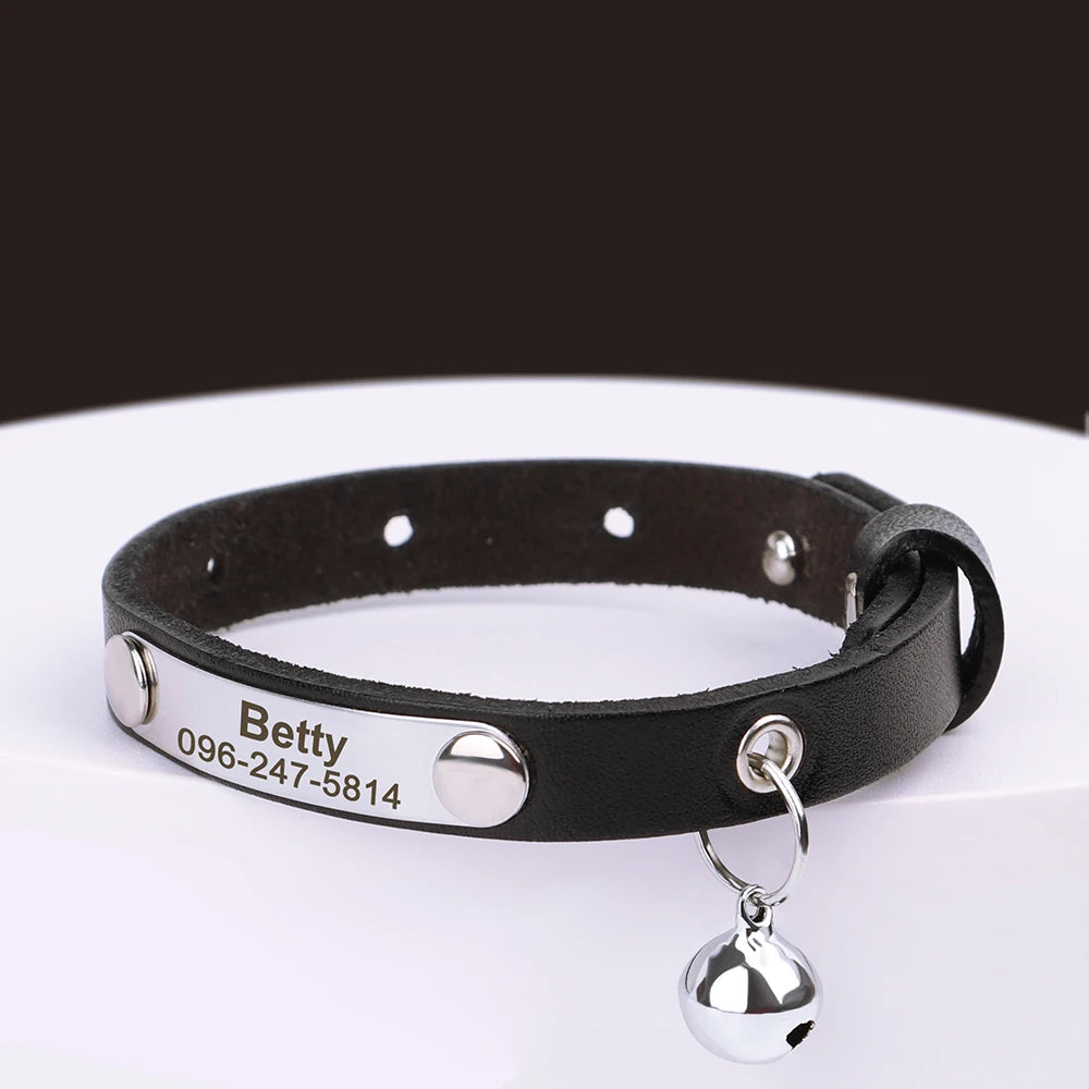 🇫🇷 Collier pour chat en cuir réglable – Personnalisé avec nom gravé, anti-perte, pour chatons et petits chiens  🇬🇧 Personalized Leather Cat Collar – Adjustable, engraved name, anti-lost, for kittens & small dogs