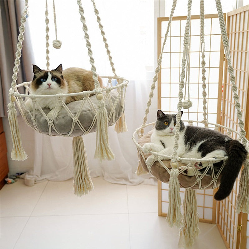 🇫🇷 Hamac suspendu pour chat en corde de coton tressée – Nid douillet bohème à accrocher 🇬🇧 Handwoven Cotton Rope Cat Hammock – Boho Hanging Cozy Nest for Cats