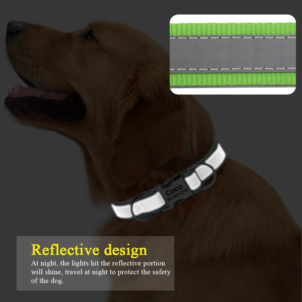 🇫🇷 Collier pour chien réfléchissant et personnalisé – Nylon gravé avec ID, rembourré et réglable pour petits, moyens et grands chiens  🇬🇧 Reflective Personalized Dog Collar – Engraved ID Nylon, Soft Padded & Adjustable for Small, Medium & Large Dogs