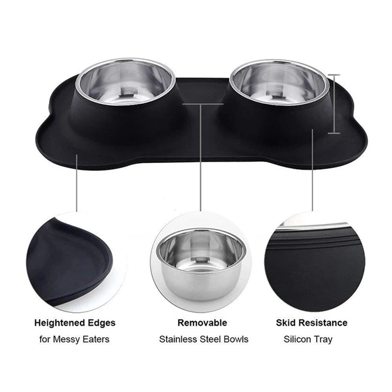 🇫🇷 Gamelle double antidérapante avec tapis en silicone – Bols en acier inoxydable pour l’eau et la nourriture de vos chiens & chats | 🇬🇧 Antislip Double Dog Bowl with Silicone Mat – Durable Stainless Steel Food & Water Feeder for Dogs & Cats