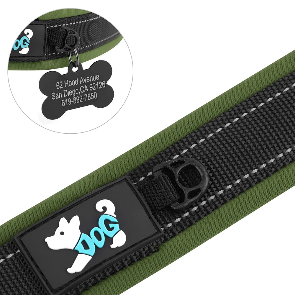 🇫🇷 Collier pour chien réfléchissant et personnalisé – Nylon gravé avec ID, rembourré et réglable pour petits, moyens et grands chiens  🇬🇧 Reflective Personalized Dog Collar – Engraved ID Nylon, Soft Padded & Adjustable for Small, Medium & Large Dogs