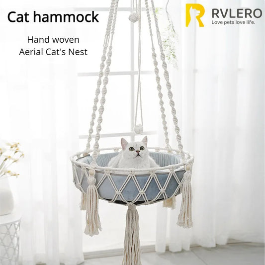 🇫🇷 Hamac suspendu pour chat en corde de coton tressée – Nid douillet bohème à accrocher 🇬🇧 Handwoven Cotton Rope Cat Hammock – Boho Hanging Cozy Nest for Cats