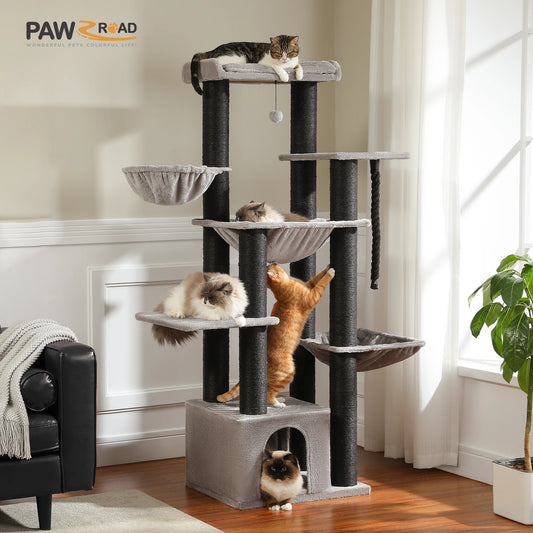🇫🇷 Français : Grand arbre à chat pour grands chats – Tour robuste avec plusieurs niveaux, maison, hamac et 11 poteaux en sisal  🇬🇧 English : Big Cat Tree for Large Cats – Sturdy Tower with Multiple Levels, House, Hammock & 11 Sisal Posts