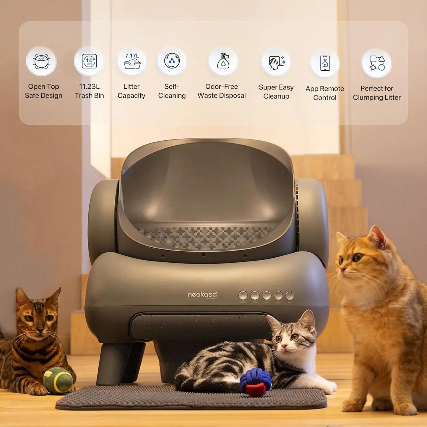 🇫🇷 Neakasa – Litière ouverte autonettoyante : grande capacité, idéale pour plusieurs chats, avec tapis de litière inclus. 🇬🇧 Neakasa – Above open self-cleaning litter box: large capacity cat toilet with litter mat for multi-cat households.