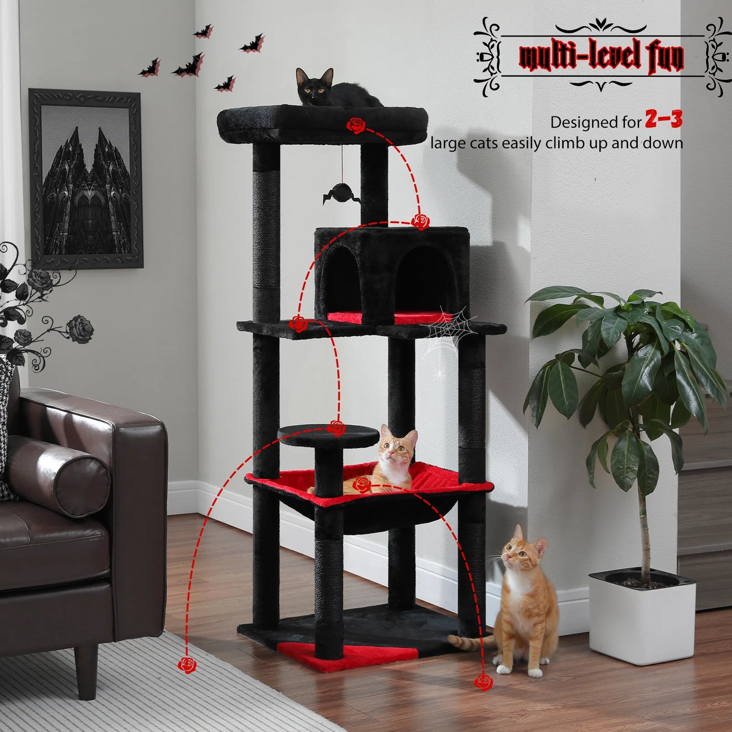 🇫🇷 Arbre à chat gothique – Tour d’intérieur avec grand hamac, condo douillet, perchoir et poteaux à griffer en sisal  🇬🇧 Gothic Cat Tree – Indoor cat tower with large hammock, cozy condo, sisal scratching posts & top perch