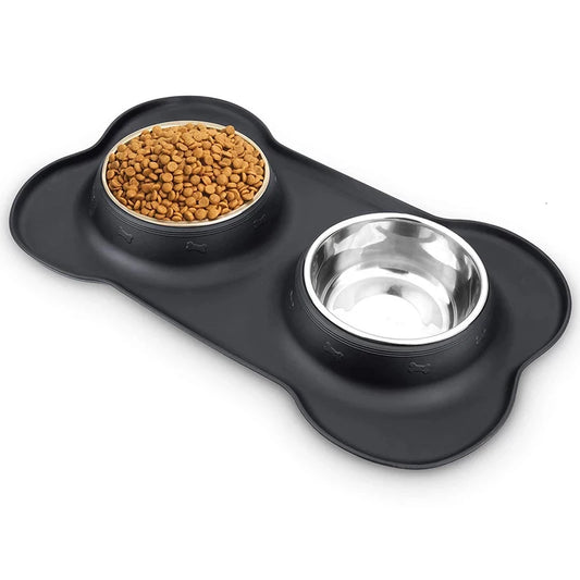🇫🇷 Gamelle double antidérapante avec tapis en silicone – Bols en acier inoxydable pour l’eau et la nourriture de vos chiens & chats | 🇬🇧 Antislip Double Dog Bowl with Silicone Mat – Durable Stainless Steel Food & Water Feeder for Dogs & Cats